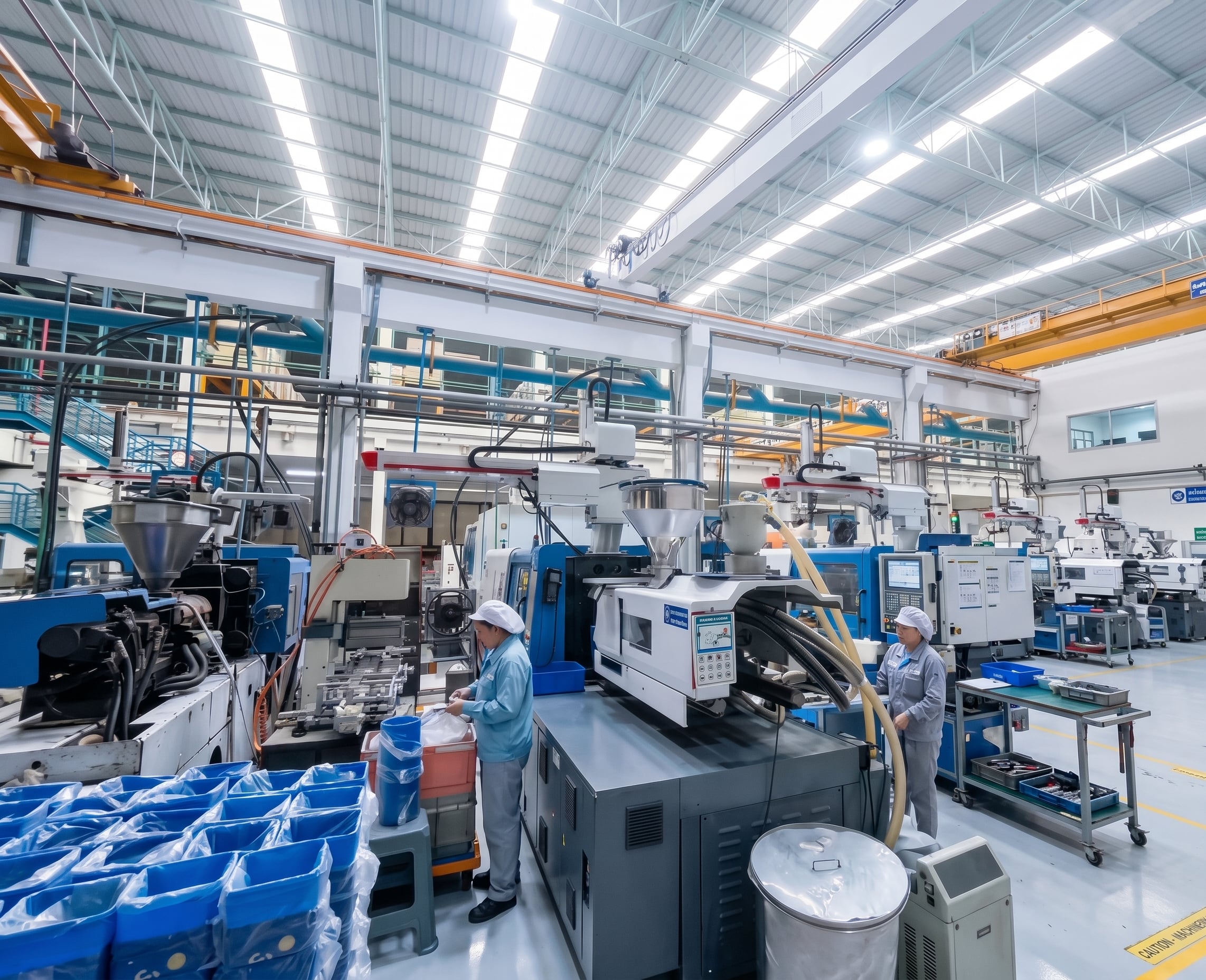 Industrial injection molding machinery at Sahawattana Plastic Co., Ltd. factory, precision engineering environment
